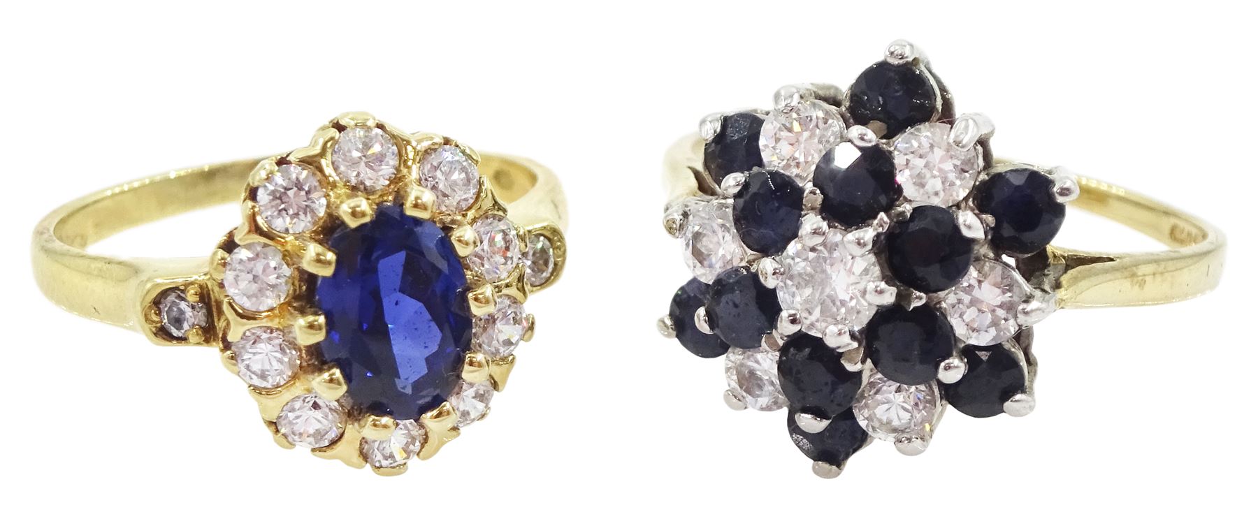 14ct gold cubic zirconia and oval cut blue paste stone cluster ring, stamped 585 and one other 9ct gold paste stone set cluster ring, hallmarked