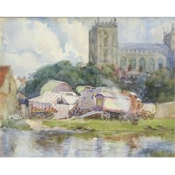 English Impressionist School (Early 20th century): Gypsy Encampment by River and Church, watercolour indistinctly signed 24cm x 29cm