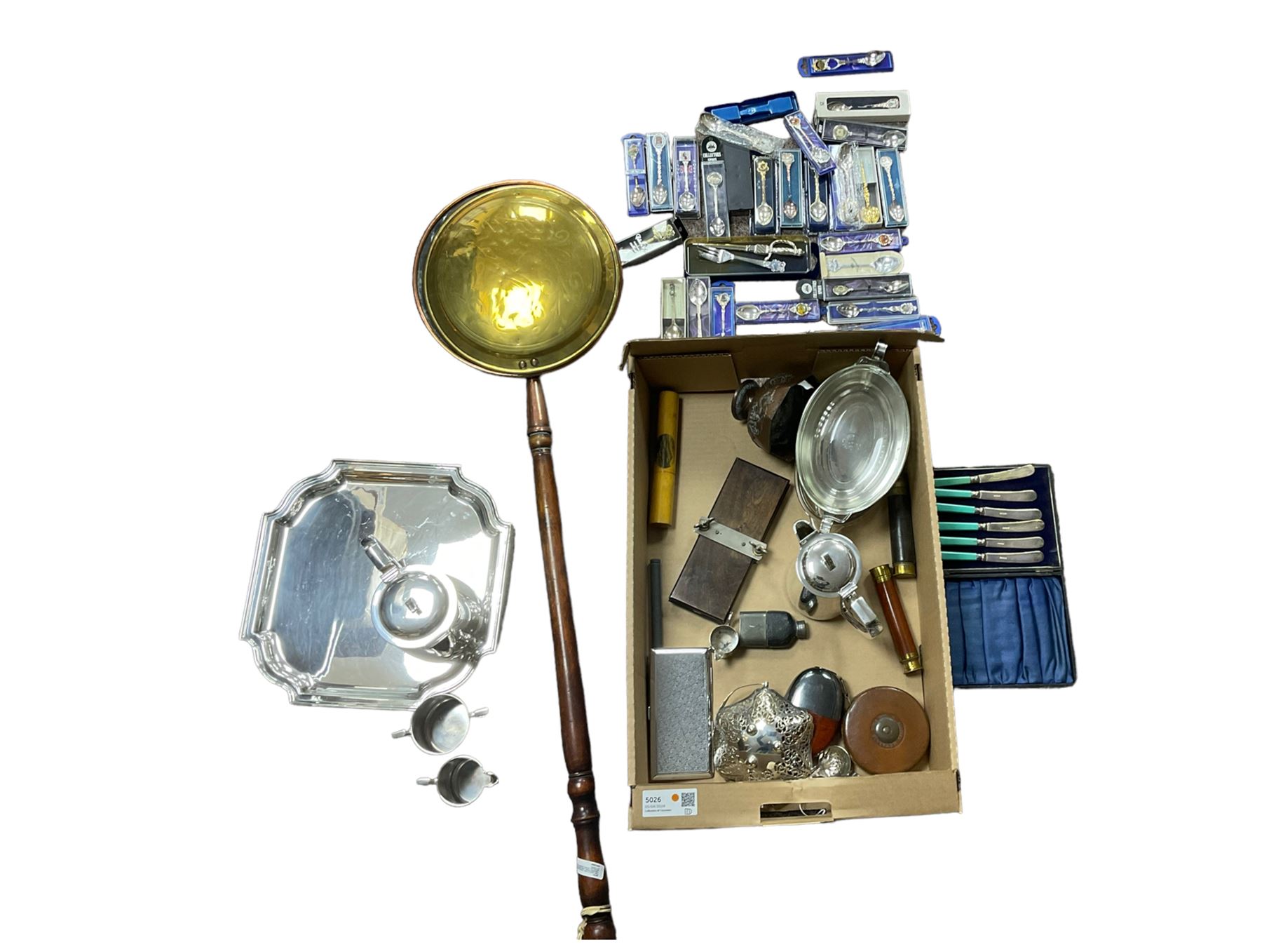 Collection of metalware and silver plate, including a tea set with tray, bedpan and other items