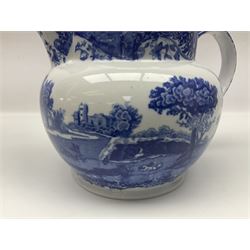 Large blue and white jug, decorated with landscape transfer print, H24cm