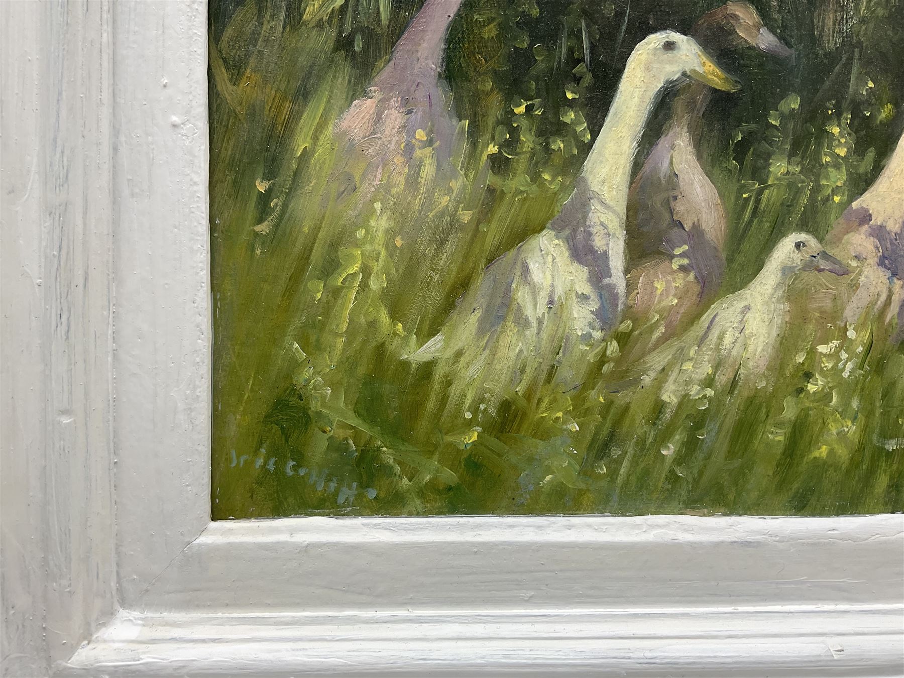 Iris Collett (British 1938-): Seven Geese, oil on board signed 19cm x 39cm