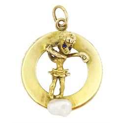 Gold cultured white pearl girl golfer pendant, stamped 14K