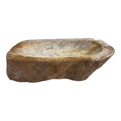 Polished petrified wood dish, texture to edge, H5cm L24cm