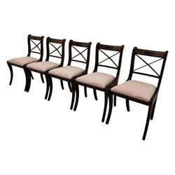 Set of ten (8+2) Regency design mahogany and brass inlaid dining chairs, bar cresting rail over x-framed back, upholstered drop-in seats, moulded frame and sabre supports 