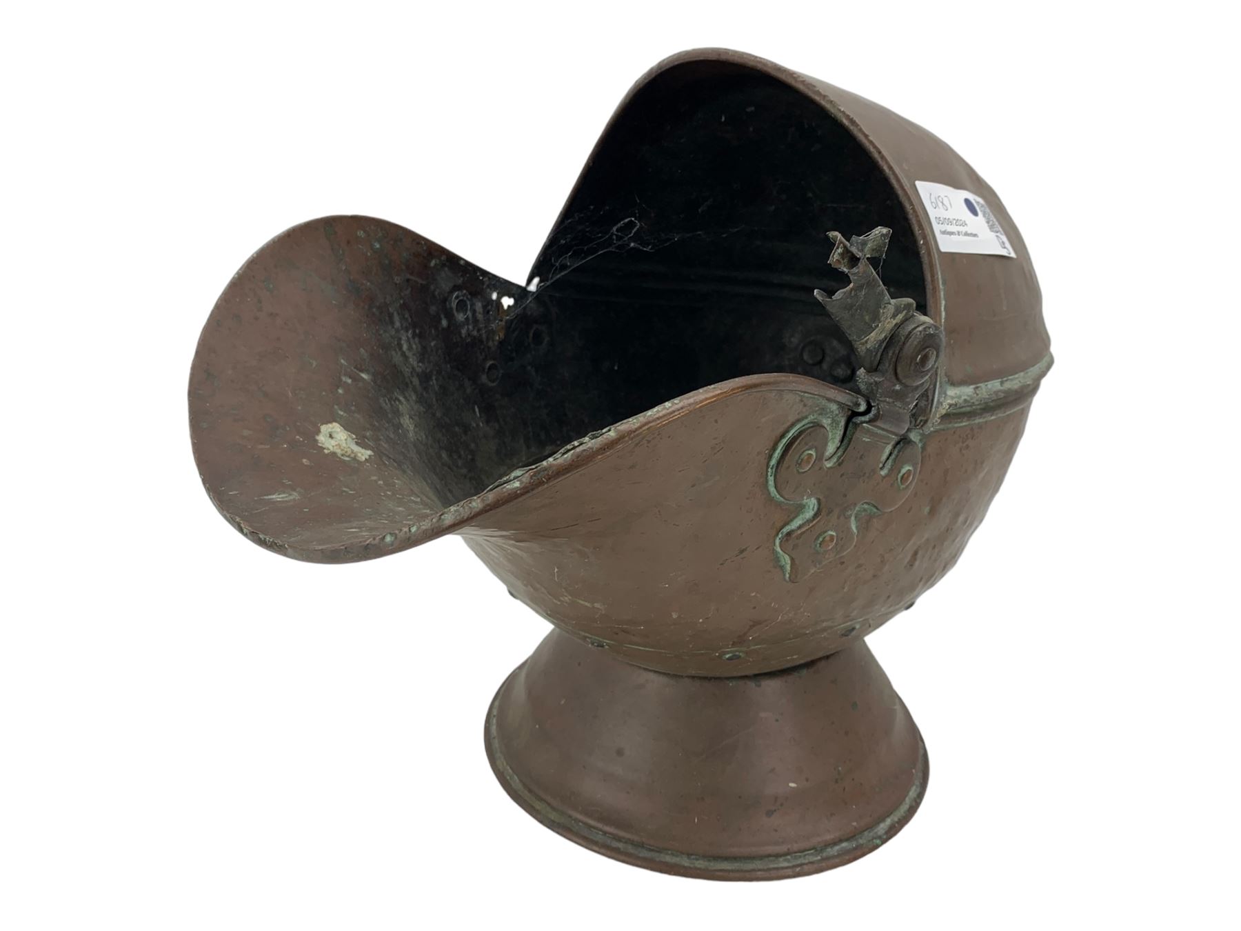 19th century copper coal scuttle, brass twin-handled planter, the bulbous body embossed with fruiting vines, H23cm (2)