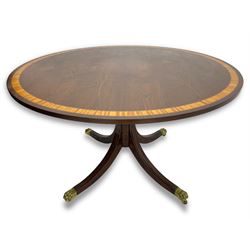 Georgian design inlaid chestnut wood centre table, the circular tilt-top inlaid with satinwood banding, gun barrel turned pedestal on four out-splayed supports, cast brass hairy paw castors, stamped 'P.H.R & Co. Holt, England' 