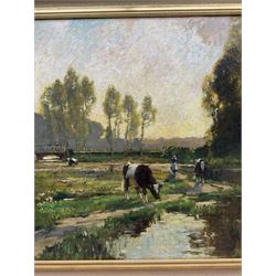 Bertram Priestman RA ROI NEAC (British 1868-1951): Cattle and Country Girls by the Riverside, oil on canvas signed and dated '19, 82cm x 135cm