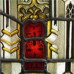 19th century leaded glass religious panel with a central chalice and various symbols 38cm x 61cm