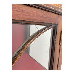 Early 20th century mahogany display cabinet, projecting moulded cornice over inlaid frieze, single astragal glazed door opening to reveal three felt-lined shelves, raised on square tapering supports