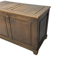 19th century pine blanket chest, double panelled hinged lid over panelled front and sides, on bracket feet