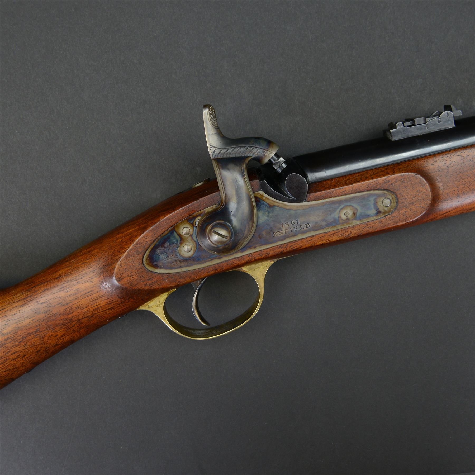 SECTION 1 FIREARMS CERTIFICATE REQUIRED -Parker Hale reproduction 1861 Enfield Musketoon,  the 60cm barrel marked Parker-Hale Ltd, Birmingham England, secured by two bands, the lock plate marked Enfield 1861, with crowned PH, full stock with ramrod under, overall L102cm, serial no. 2410 