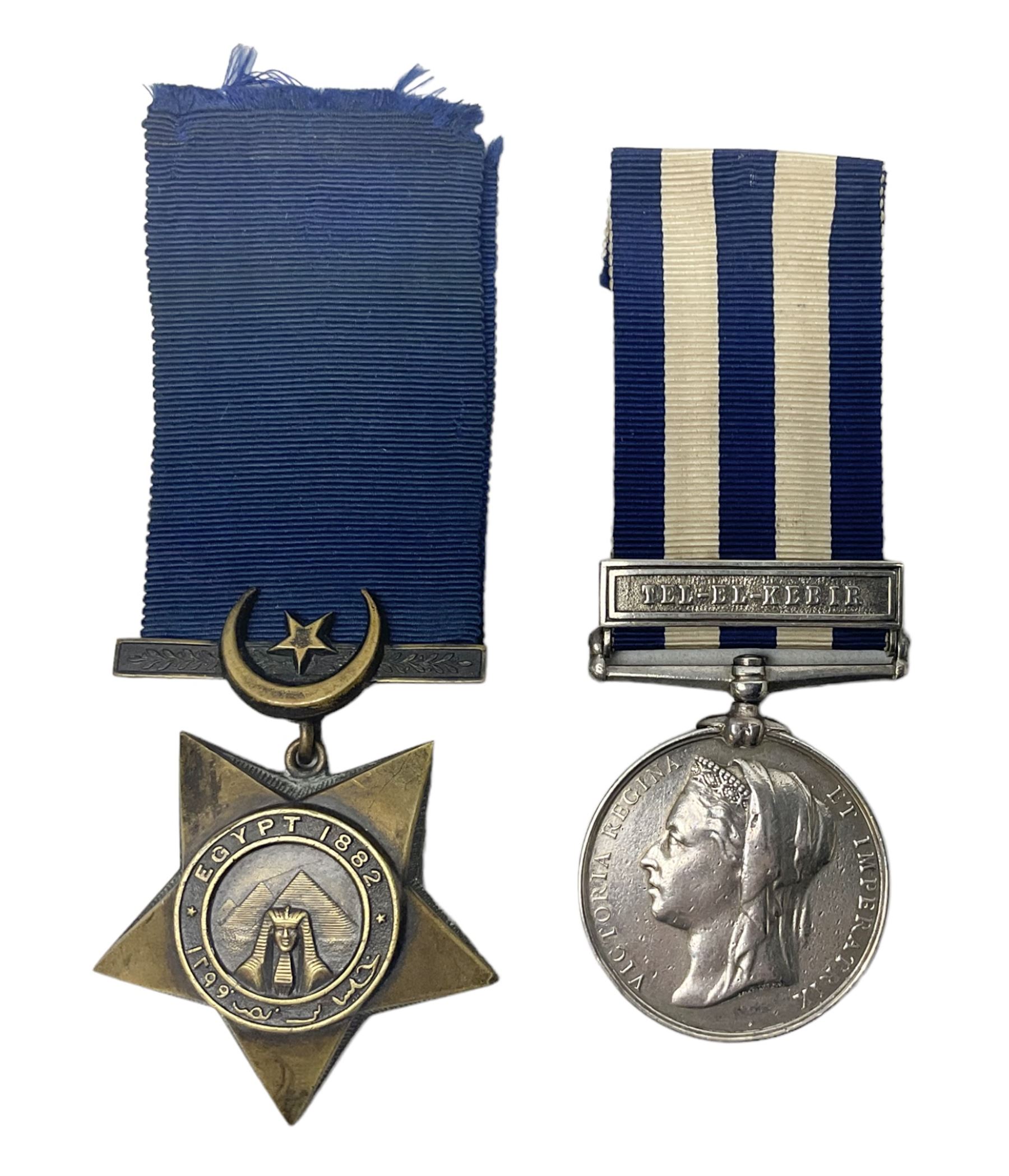 Victoria Egypt 1882 Medal with Tel-El-Kabir clasp awarded to 123(?9)17 Driv. Jas. Ryan N/2 Bde. R.A. with ribbon; and Khedive's Egypt 1882 Star, unnamed but attributed to Driver Ryan, with ribbon (2)