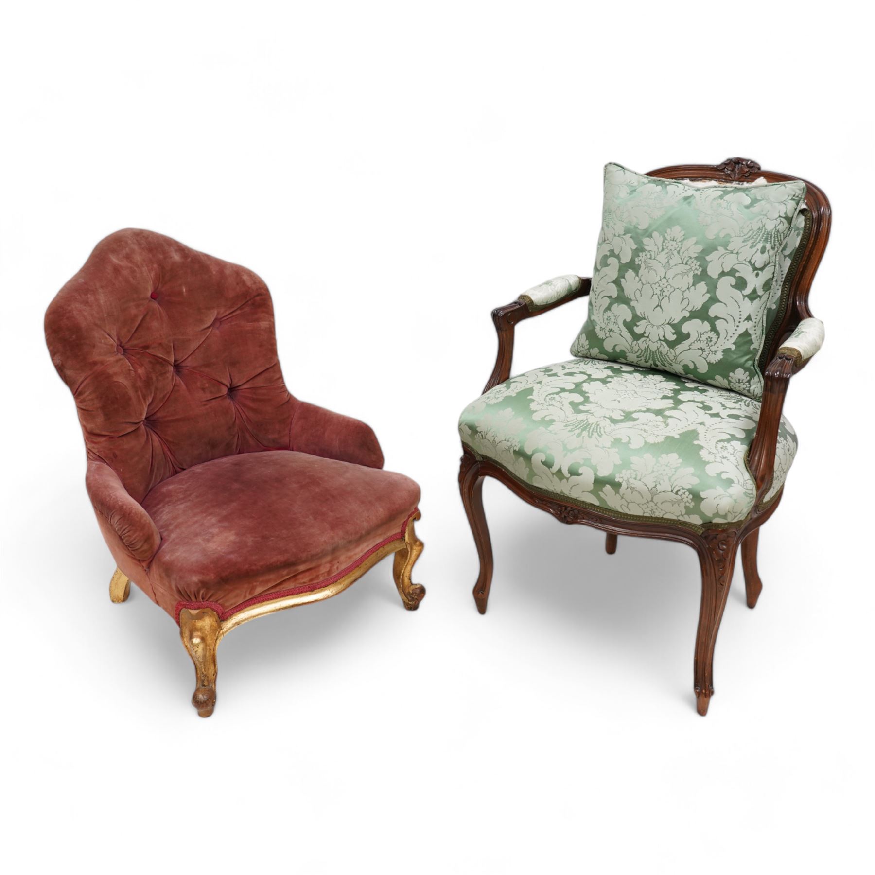 19th century gilt hardwood and wrought metal-framed nursing chair, shaped cresting and upholstered in buttoned fabric, on cabriole feet (W56cm, H74cm); 20th century stained beech French design fauteuil armchair, upholstered in green floral pattern silk fabric, on cabriole supports (W57cm, H87cm) (2)