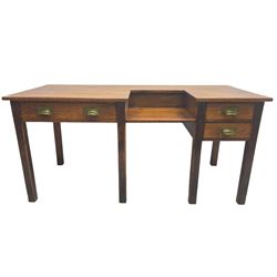 Early 20th century oak clerks desk, fitted with drop centre and drawers, on square supports