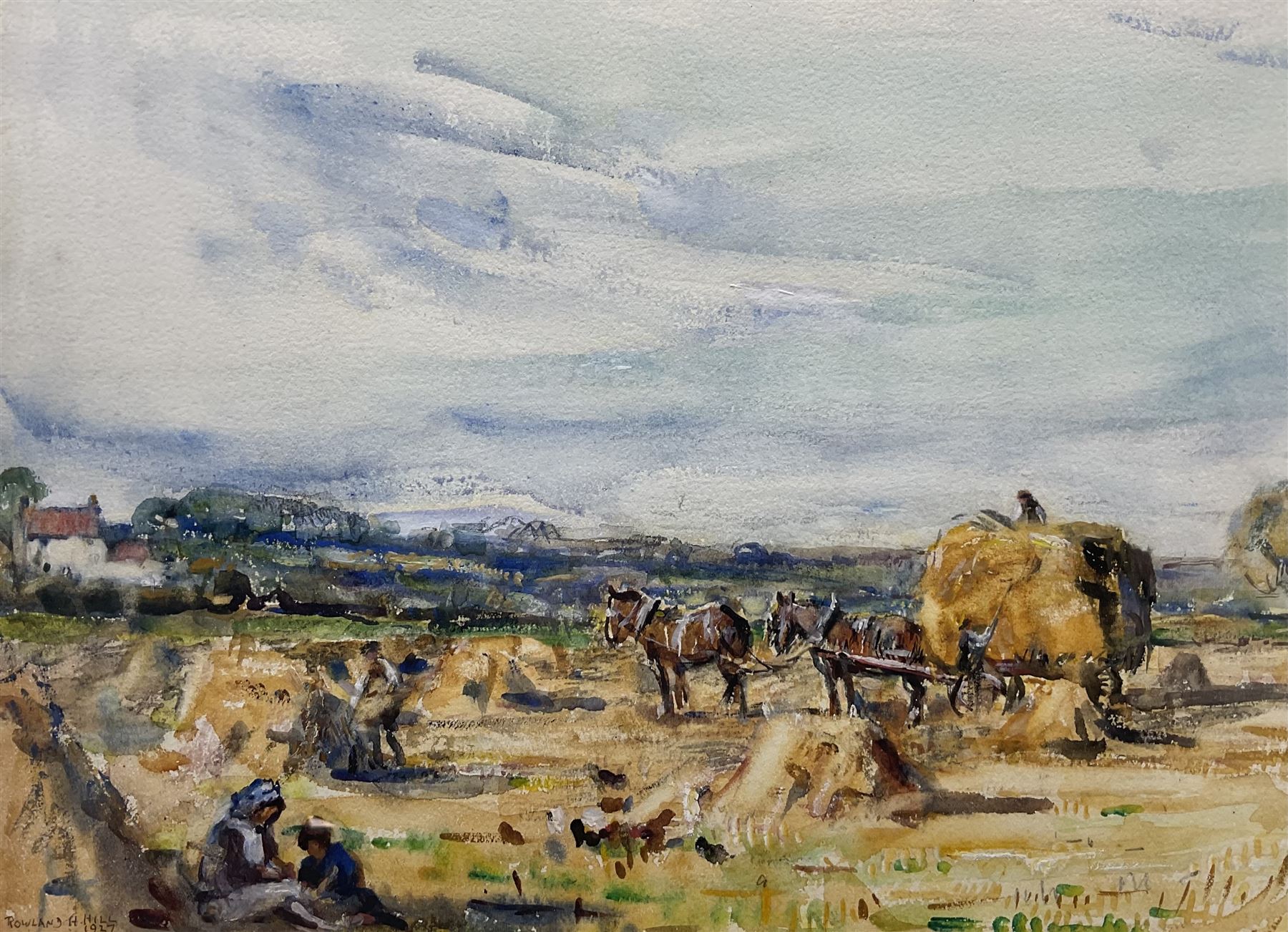 Rowland Henry Hill (Staithes Group 1873-1952): The Summer Harvest Field near Ellerby with Children in the Foreground, watercolour signed and dated 1927, 23.5cm x 32.5cm