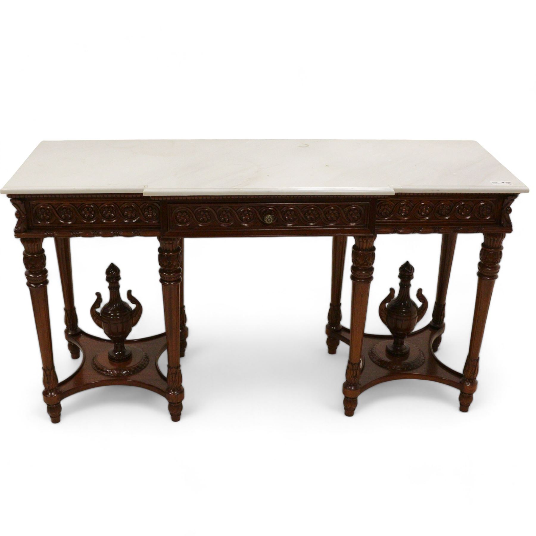 Regency design carved mahogany breakfront console table, white veined marble top