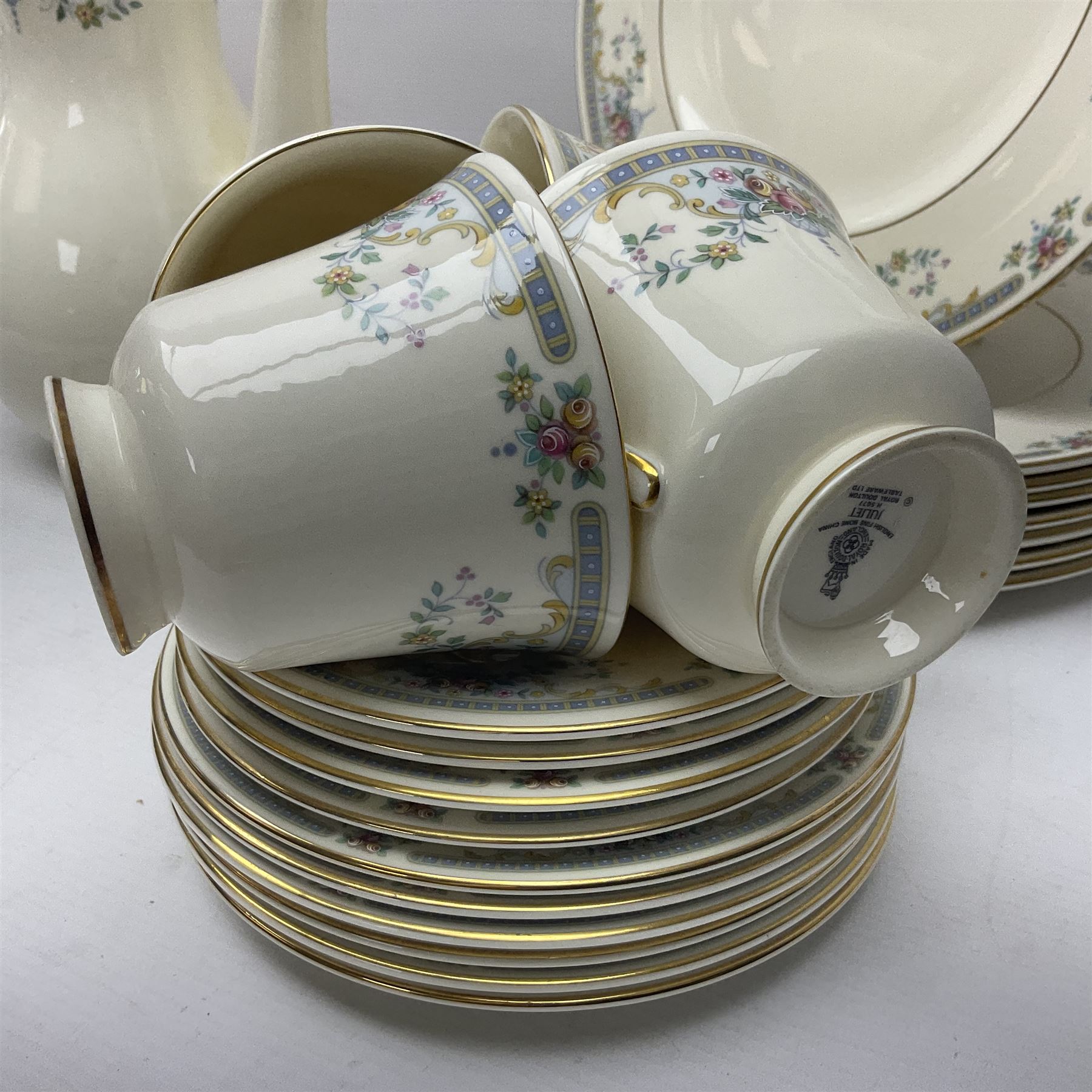 Minton Haddon Hall part tea wares, comprising cups, saucers, side plates etc, together with Royal Doulton Juliet pattern tea and dinner wares