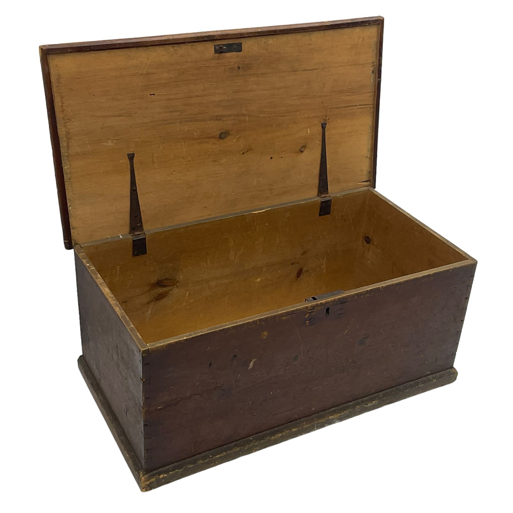 19th century pine blanket box, hinged lid, applied lower moulding