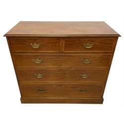 Late Victorian mahogany chest, moulded rectangular top over two short and three long graduating drawers, the drawer fronts inlaid with satinwood bands, boxwood and ebony stringing, on moulded plinth base 