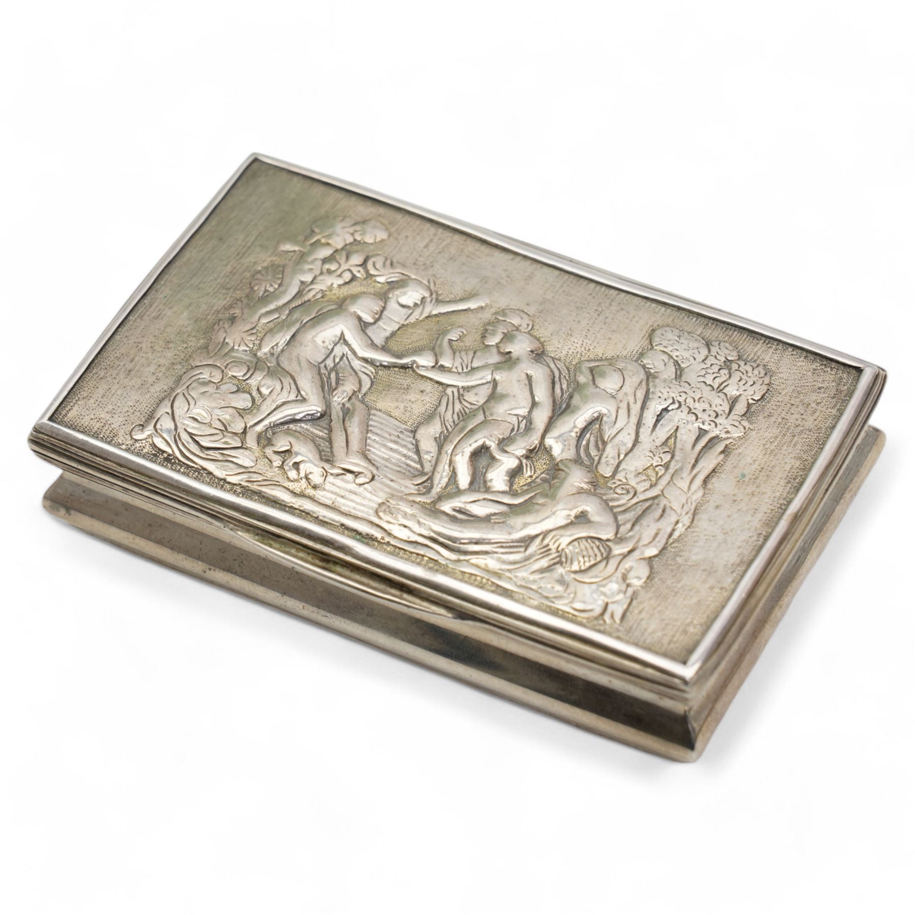 18th/ 19th century Swedish rectangular silver snuff box, the hinged cover embossed with classical figures, gilded interior and with date letter possibly for 1782 W9cm 