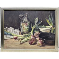 Neil Tyler (British 1945-): Still Life 'Leeks and Swedes', oil on canvas signed and dated 2001, titled verso 59.5cm x 79.5cm
