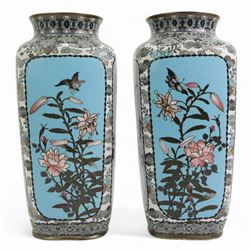 Pair of Japanese Cloisonne vases, of rounded square form, each decorated with four panels depicting birds amongst trees, against turquoise and pale blue/ grey ground, unmarked, H32cm