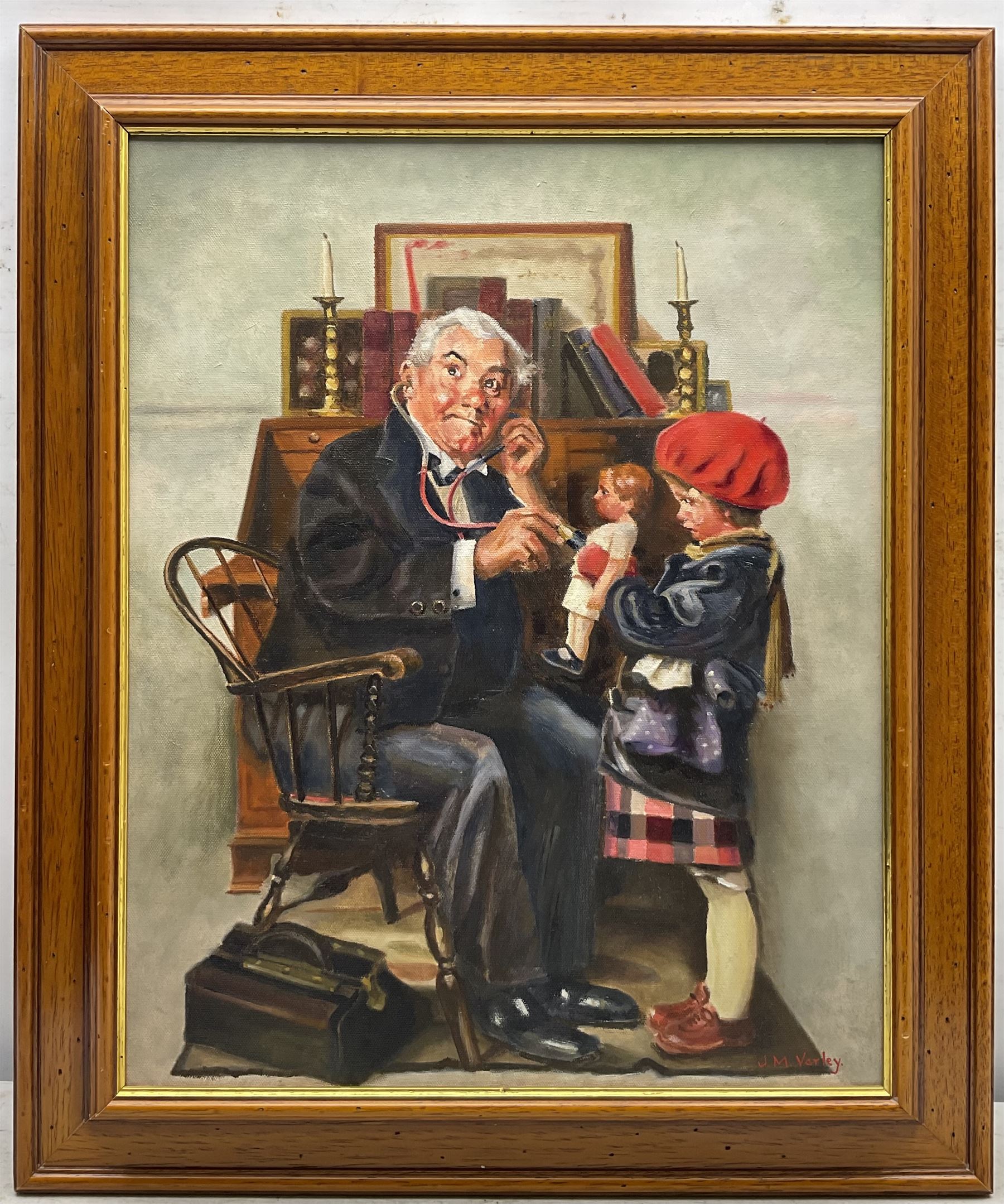 J M Varley (British 20th Century) after Norman Rockwell (American 1894-1978): 'How is she Doctor?', oil on canvas signed, titled and dated 1993 verso 50cm x 39cm 