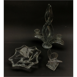 A Vannes French Art Glass candlestick, modelled in the form of a flame with twin branches, H8.5cm, together with a Baccarat glass mascot modelled as a butterfly, and a Baccarat glass dish. 