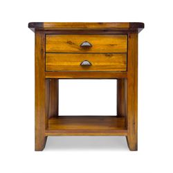 Contemporary hardwood side table, rectangular top over two drawers with shell cup handles,...