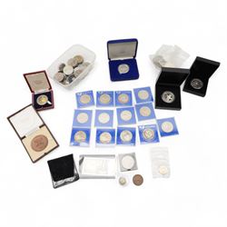 Coins and miscellanea, including commemorative crowns, small number of Great British pre 1947 silver coins, educational medal etc