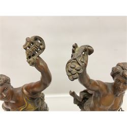 After Charles Octave Levy, pair of bronzed spelter figures, 'Industrie' and 'Commerce', upon stepped wooden plinth, H42cm