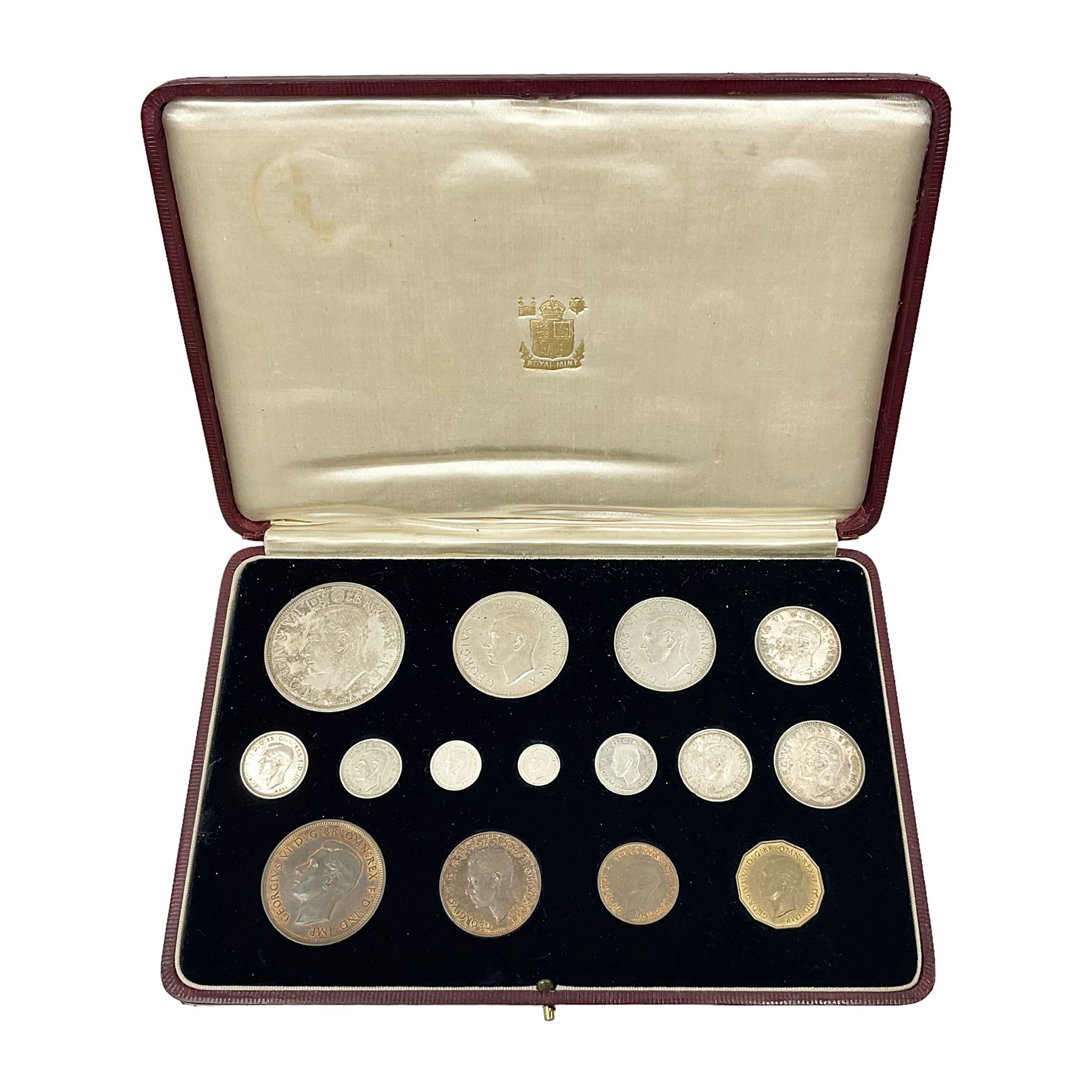 King George VI 1937 specimen coin set, fifteen coins from farthing to crown including Maundy money, in the original case