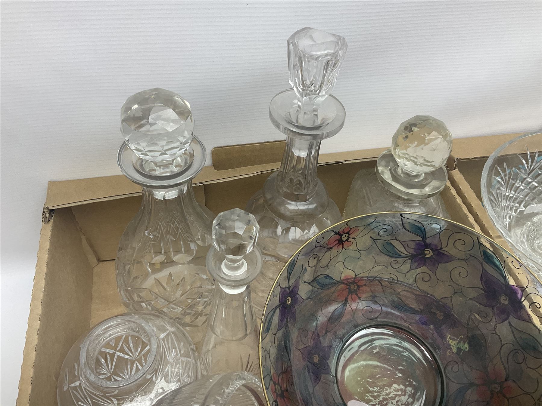 Set of six Royal Scot whisky tumblers, together with cased set of Thomas Wedd glasses, decanters and other glassware, in three boxes 