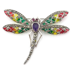  Silver plique-a-jour, marcasite and enamel dragonfly brooch, stamped 925  