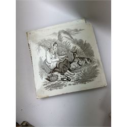 Eight Minton China Works tiles, each transfer printed with village and farming scenes, together with six brown and white floral spacing tiles, Minton tiles 15cm x 15cm