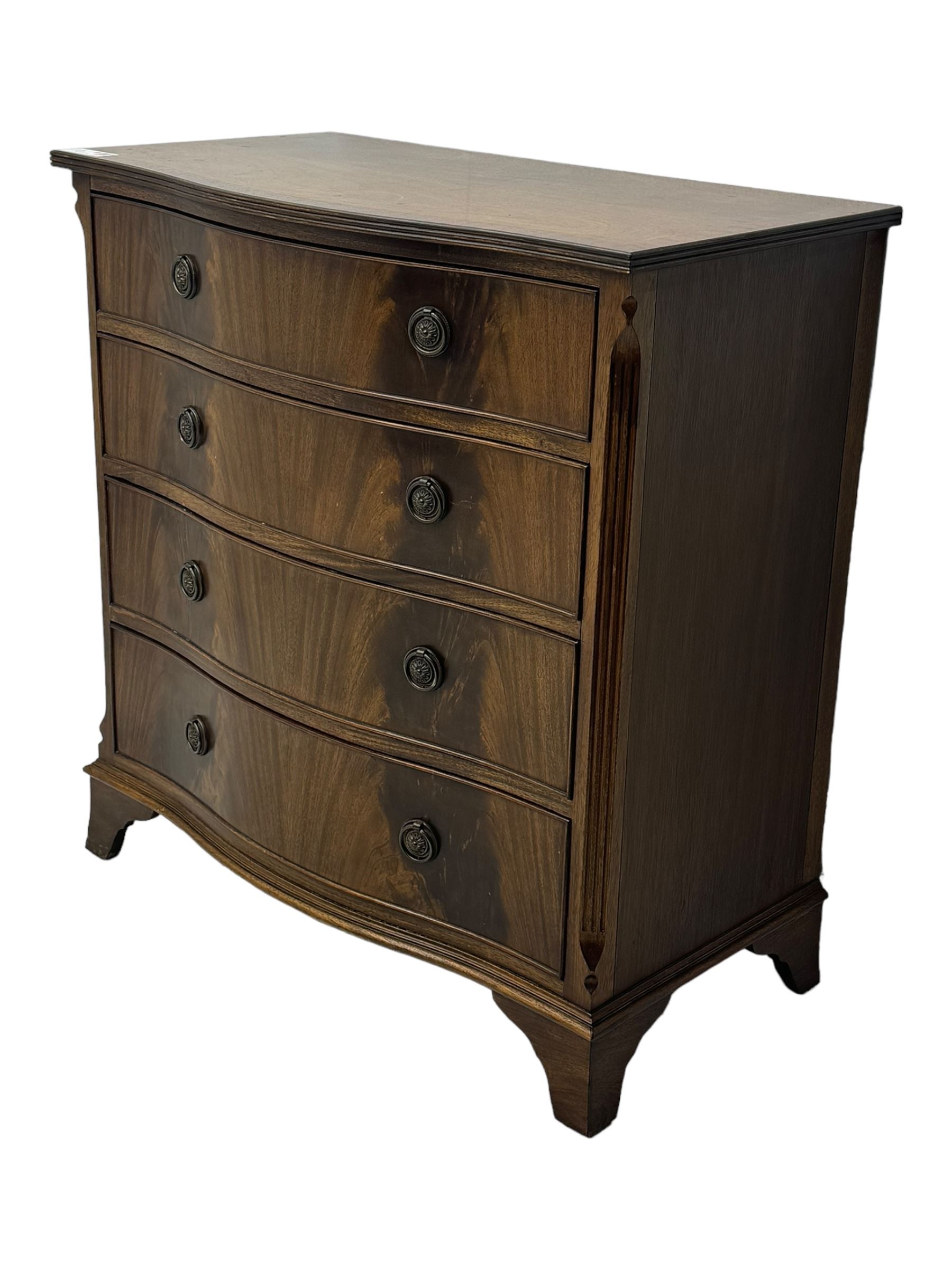 Georgian design mahogany serpentine chest, shaped banded top over four graduating cock-beaded drawers, on bracket feet 