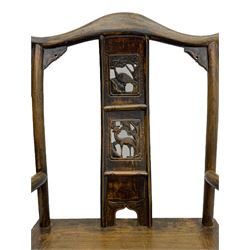 Chinese design elm yoke back 'official's' armchair, the shaped cresting rail over splat decorated with carved and pierced wildlife scenes, shaped projecting arms over rectangular seat, square supports united by plain stretchers, decorated with shaped frame brackets carved with foliage