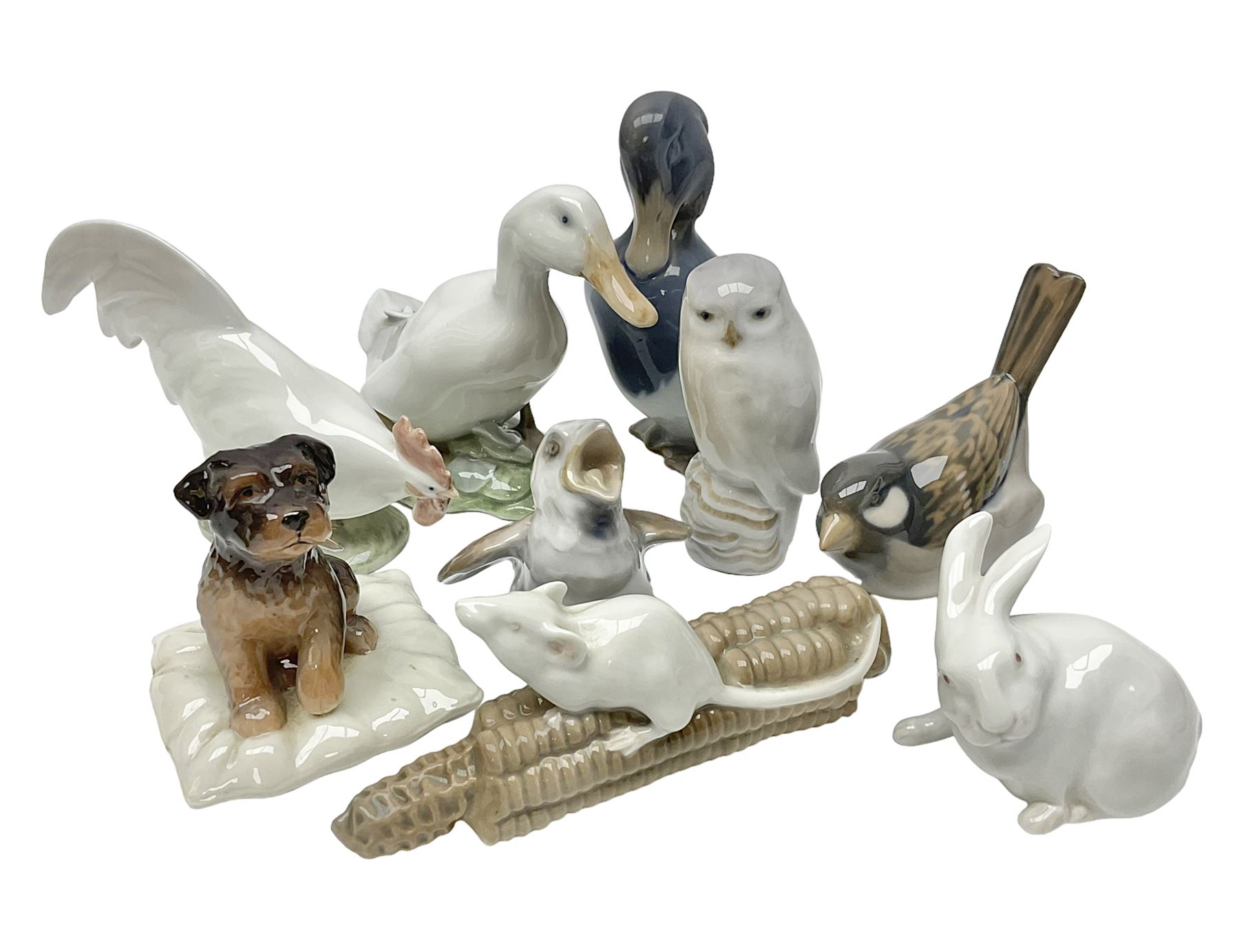 Nine Royal Copenhagen figures, to include Cockrell no 1127, Owl no 1741, mouse on corn no 512 etc, all marked beneath 