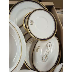 Spode Knightsbridge pattern part dinner service, comprising sauce boat, two tureens, serving platter, dinner plates, side plates and dessert plates, specially commissioned with gilt initials to each piece, with printed mark beneath