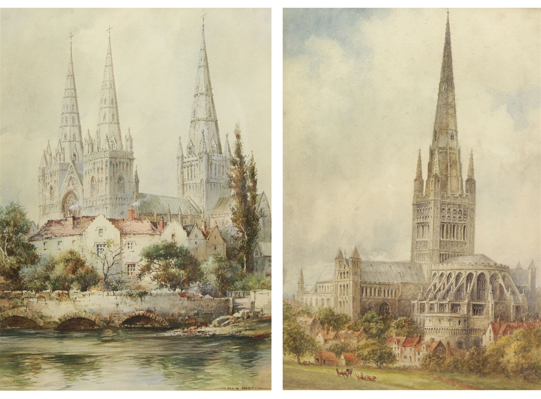 Cyril Hardy AKA Noel Harry Leaver (British 1889-1951): Litchfield Cathedral, watercolour signed; Albert Henry Findley (British 1880-1975): Norwich Cathedral, watercolour signed, in matching frames 38cm x 27cm (2)