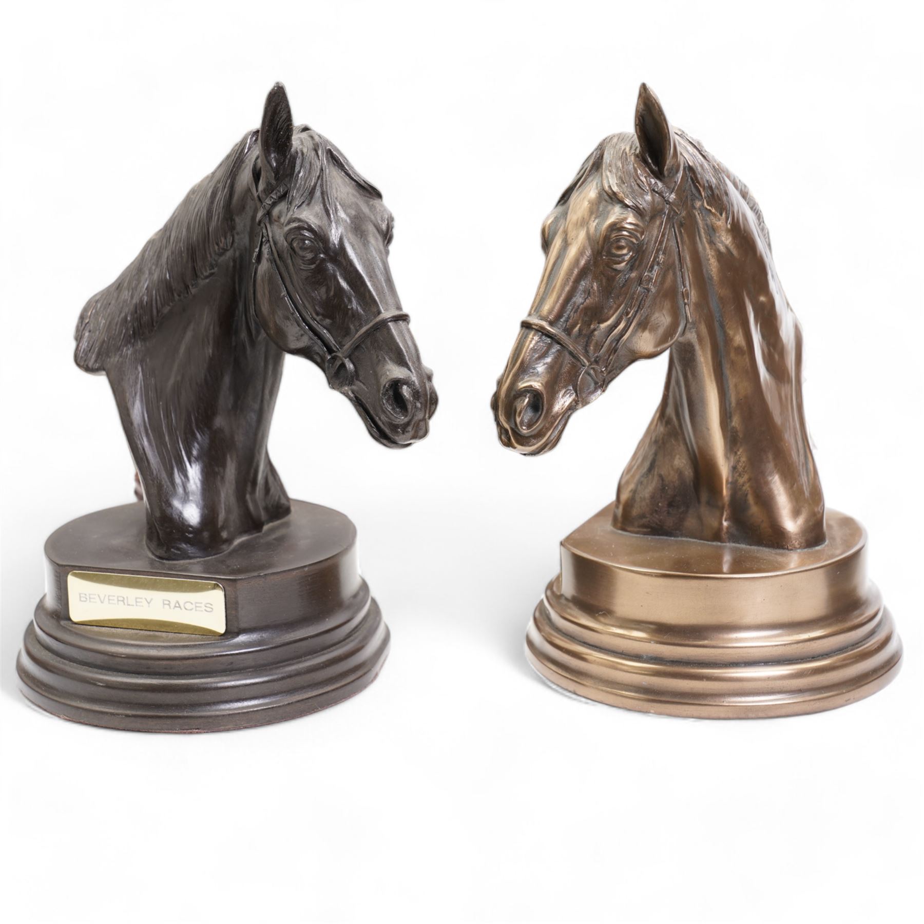 Bronze resin horse racing trophy by Doris Lindsey in the form of horse's head, two others by Robert Donaldson, various others and a number of plated challenge cups, variously engraved 