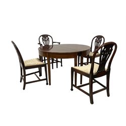 Pair of Georgian design mahogany D-end tables, reeded edge over banded frieze, on square tapering supports; with set of four (3+1) Hepplewhite design mahogany dining chairs, elaborately pierced and carved splat with festoons over dished seat, on fluted supports (W63cm H98cm)