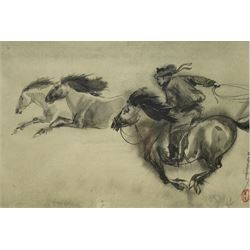 Chinese School (20th Century): Rider in Pursuit, watercolour bearing inscriptions 19cm x 27cm