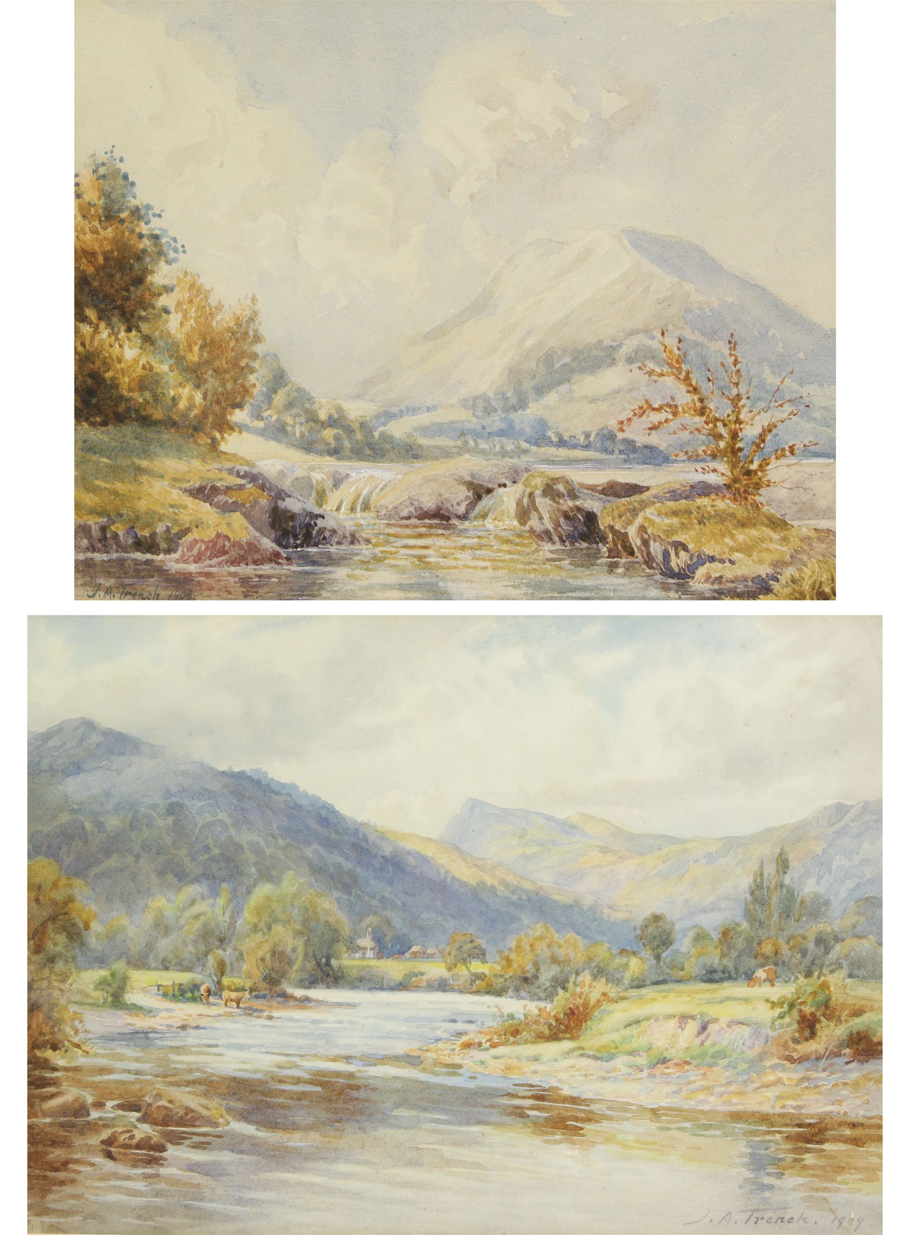 John A Trench (British fl.1882-1923): Highland Landscape with Cattle and A Calm Stream, two watercolours signed and dated 1909 and 1908, max 24cm x 34cm (2)