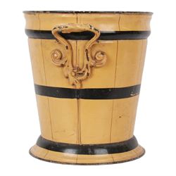 Victorian tolewear bucket, of tapering cylindrical form with twin foliate mounted handles and short flared foot, the body painted with black horizontal bands against a yellow ground, with impressed marked beneath H.L&Co, possibly for Hamilton Laidlaw & Company, H29.5cm D27.5cm