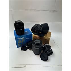 Group of camera lenses, comprising Cosina 100mm 1:3.5 MC Macro lens serial no. 9924159, Sigma DL Zoom 35-80mm 1:4-5.6 serial no 2031995, both boxed, Sigma UC Zoom 70-210mm 1:4-5.6 lens serial no. 1014147 and a Sigma Mini-Wide 1:2.8 f=28mm lens serial no. 261735, etc