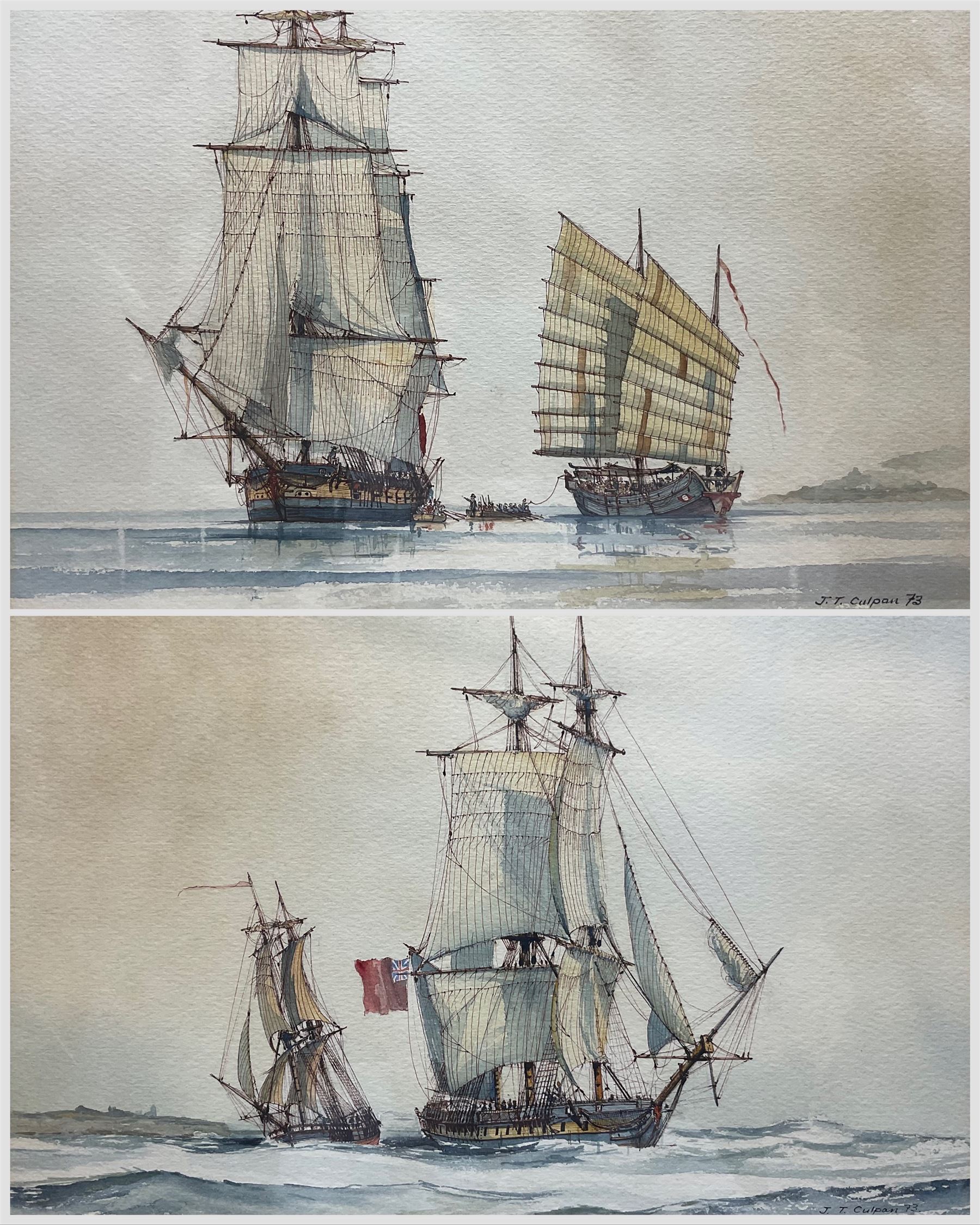 J Terry Culpan (British 20th century): 'Searching for Pirates' and 'Frigate Heaving to Meet Supply Ship', pair watercolours signed, titled verso 26cm x 37cm (2)