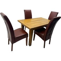 Oak dining table, rectangular plank with two extension leaves at each end, central drawer with brass handle, supported by square legs (L131cm - 233cm, D80cm, H76cm); four high-back dining chairs, the chairs upholstered in dark brown leatherette with stitched detailing, on square tapering legs (H108cm)