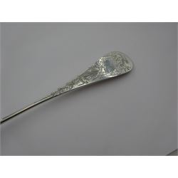 French silver aesthetic movement serving spoon, the scallop edged bowl engraved with a bird amongst flowers and foliage, stamped with Minerva's head standard and weevil export mark, L23cm