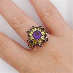 9ct gold round cut amethyst and pear cut citrine flower head cluster ring, Birmingham 2002